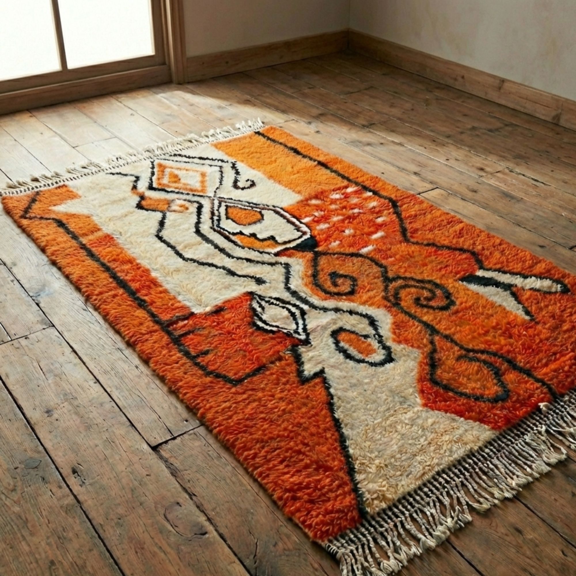 Orange and Ivory Moroccan Wool Rug 4x6 ft | Nomadinas